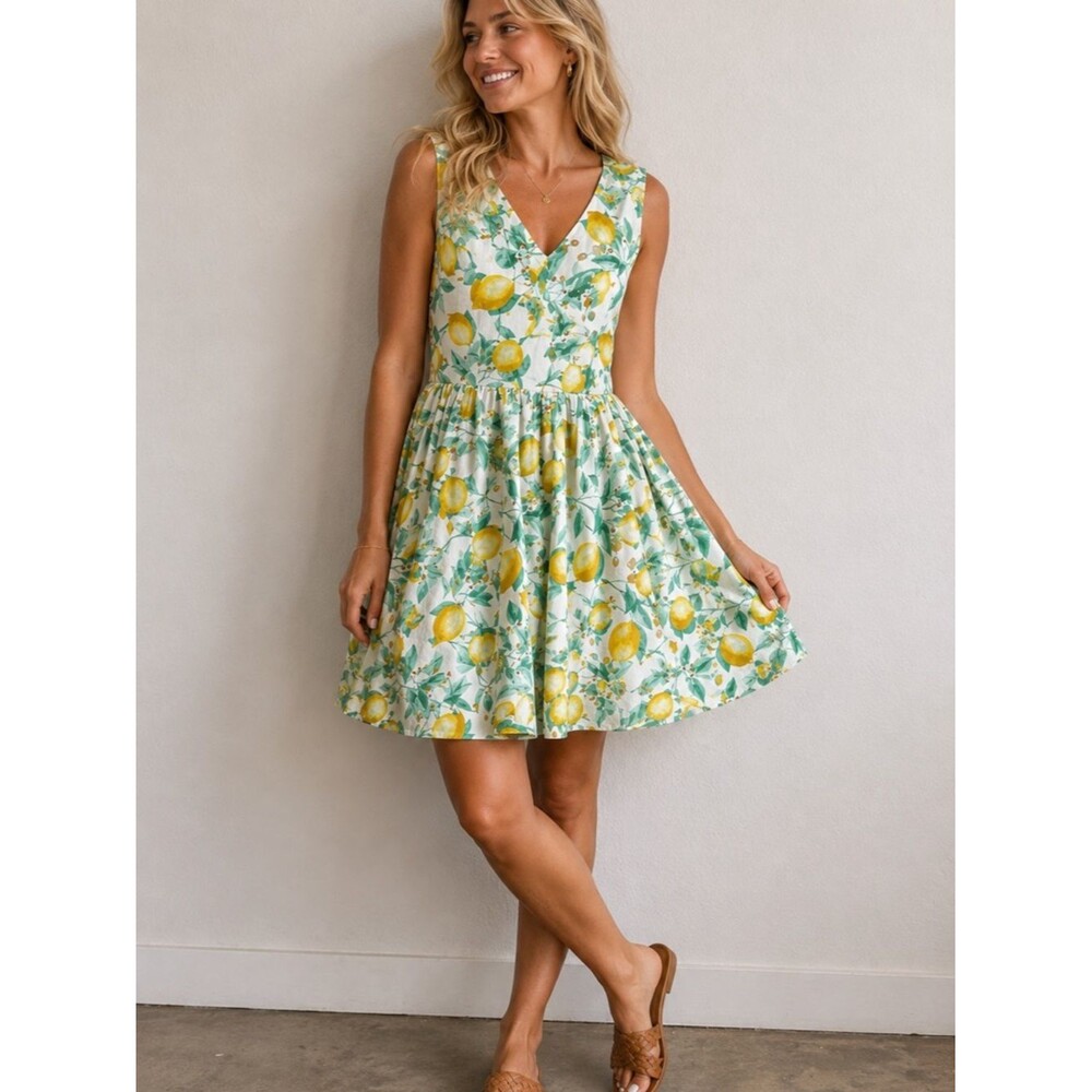 ELLE Lemon Print Fit & Flare Dress Size 4 Open Back Cotton Blend Summer Sundress